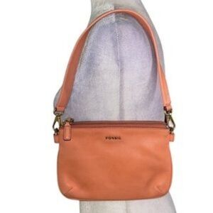Fossil Memoir Apricot Orange Leather Top Double Zipper Handbag / Clutch